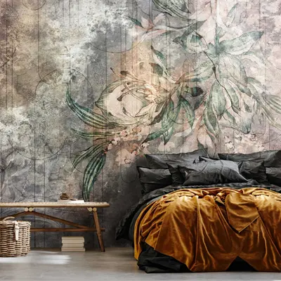 Fototapete Blätter Pflanzen Beton Vintage Wohnzimmer VLIES TAPETE XXL + KLEISTER