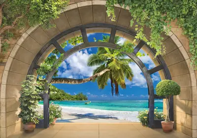 Vlies Fototapete Fenster 3D EFFEKT Strand Meer Palmen Karibik STRUKTURTAPETE 85