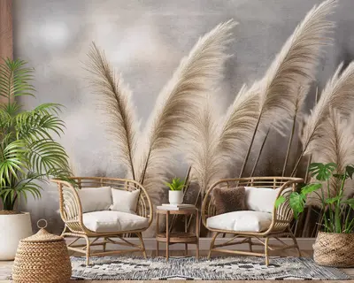 Fototapete Gras Pampas Grau Natur Wohnzimmer Schlafzimmer VLIES TAPETE XXL 185