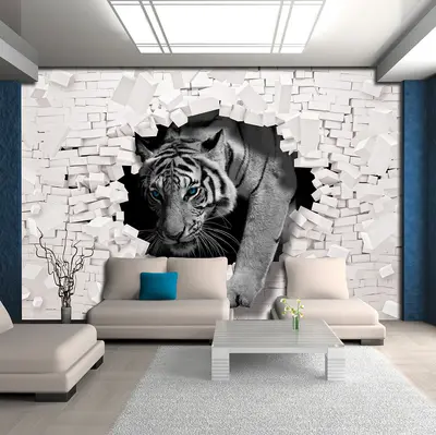 Vlies Fototapete Mauer 3D EFFEKT Tiger Katze Ziegel Schlafzimmer Wandillusion 81