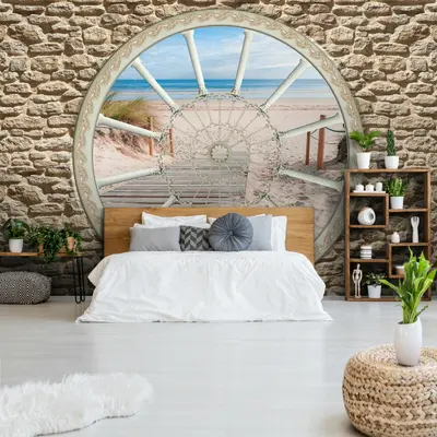 Vlies Fototapete STEINWAND 3D Steinoptik Strand Fenster Wohnzimmer Steine 85