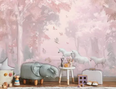 Fototapete Kinderzimmer Einhörner Wald Rosa VLIES TAPETE XXL + KLEISTER 397