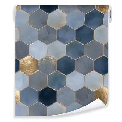 Vliestapete Hexagon Blau Gold Abstrakt Modern VLIES TAPETE XXL + KLEISTER 40