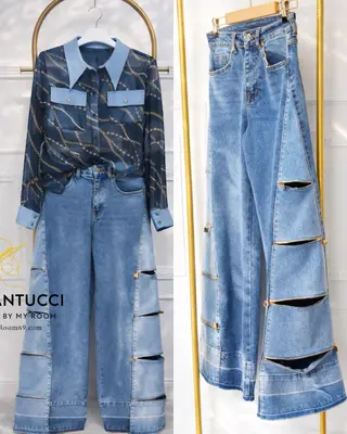Damen Jeanshose Gil Santucci Blau Weites Bein mit Deko Reißverschlusses