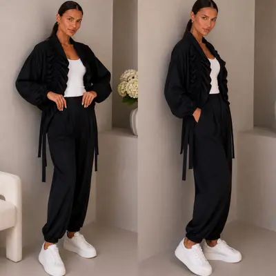 Damen Baumwoll-Set mit geraffter Jacke und Hose. Schwarz