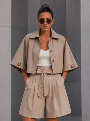 Damen Kurz-Trenchcoat Beige Trenchjacke Weit Oversize 3/4 Ärmel