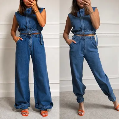 Damen Jeans Set Zweiteiler Weste Hose Wide Leg Denim Co-Ord Trend Blau Gr. L