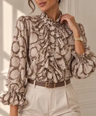Neu Elegante Damenbluse mit Schlangenprint & Rüschen Langarm Gr. S