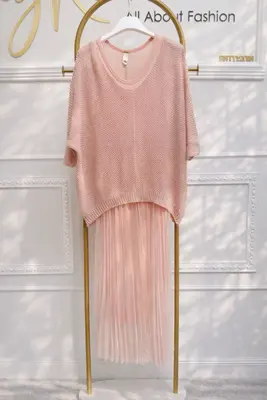 Damen Zweiteiliges plissiertes Kleid mit Ajour-Strickpullover Rosa