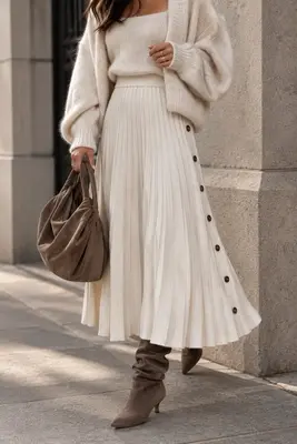 Eleganter Plissee Strickrock mit Kaschmiranteil Ecru Midirock