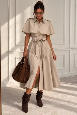 Damen Midi-Hemdblusenkleid im Cape-Stil mit Bindegürtel. Beige Gr. M
