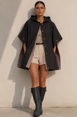 Damen Trench Cape mit Abnehmbare Kapuze und Karofutter. Schwarz