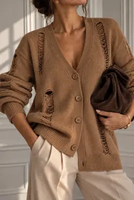 Damen Pullover Oversize Cardigan Strickjacke mit Cut Out Lochmuster Im Strick