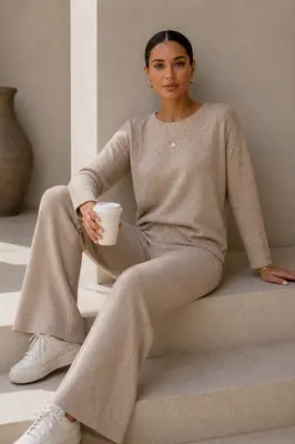 Damen Strickanzug Zweiteiler Pullover mit Schlaghose Elegant Komfort Freizeit