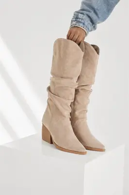Damen Beige Stiefel mit gerafftem Schaft – Trend 2026 Sommerstiefel Gr. 37