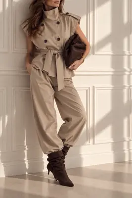Damen Zweiteiler – Trenchcoat-Weste & Hose Taupe