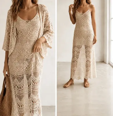 Langes Baumwollkleid mit Häkelspitze „Portofino Lace“ M