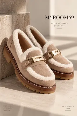 Warme Wildleder Optik Loafers / Mokassins Mit Kunstfell 38
