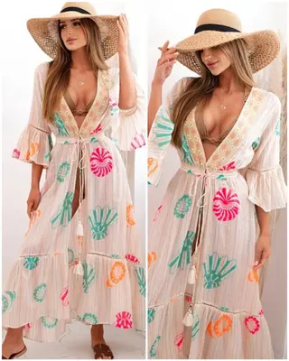 Damen Luftiger Strandmantel Kimono Überwurf im Boho Stil Gestickt Sommer