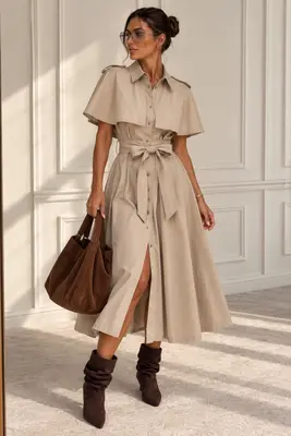 Damen Midi-Hemdblusenkleid im Cape-Stil mit Bindegürtel Gr. S