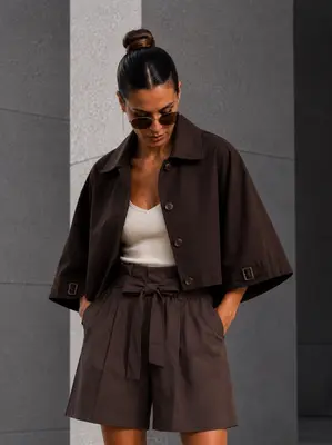 Damen Kurz-Trenchcoat Schokobraun Trenchjacke Weit Oversize 3/4 Ärmel