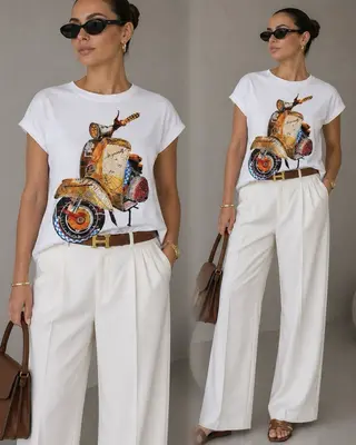 Damen Tshirt Mit Strasssteinen Weiß Basic Shirt Moped Muster