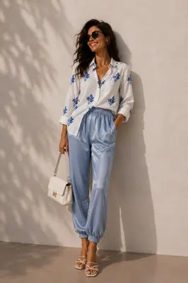 Damen Zweiteiler Set Stickerei Bluse Hose Blau Weiß Sommer Elegant Boho