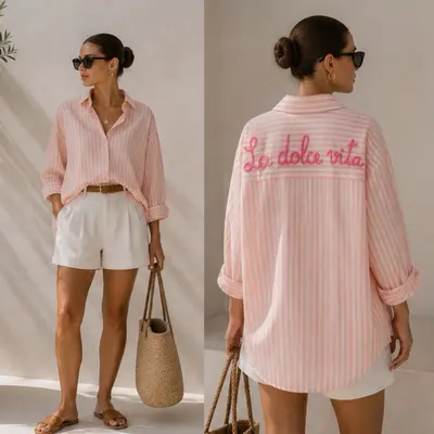 Damen Oversize Baumwollbluse „La Dolce Vita“ mit Stickerei