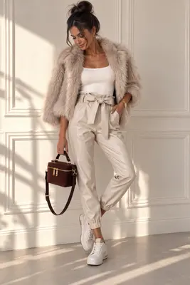 High Waist Paperbag Hose kunstleder hose mit Taschen Pu Leder Bikerhose Gr. S