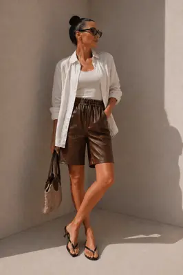 Damen Kunstleder Bermudas High Waist Braun warm gefüttert M/L