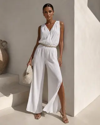 Damen Overall Weiß Baumwolle Micromodal Rückenfrei Sommer Elegant Einteiler
