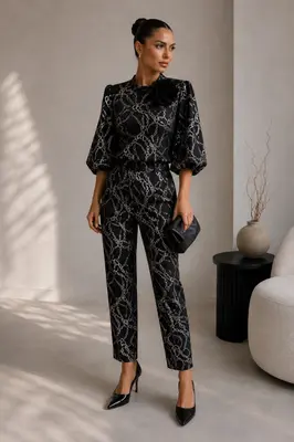 Jacquard-Set mit geprägtem Muster, Puffärmeln und Blume Brosche Gr. 38
