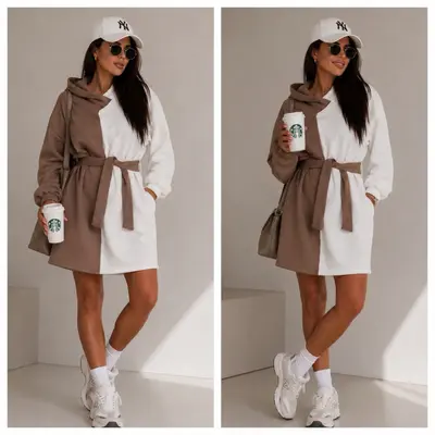Damen Zweifarbiges Sweatkleid mit Kapuze Gürtel Beige Ecru Blogger Style
