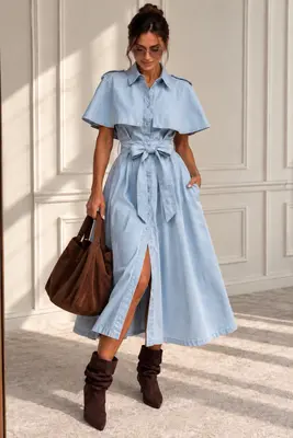 Damen Denim-Hemdblusenkleid mit Cape und Bindegürtel Gr. M