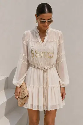 Gil Santucci Langarm Romantisches Kleid Boho Beige
