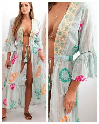 Damen Luftiger Strandmantel Kimono Überwurf im Boho Stil Gestickt Sommer