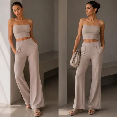 Damen fliesende weiche Sweathose Flared mit Taschen und Broschen