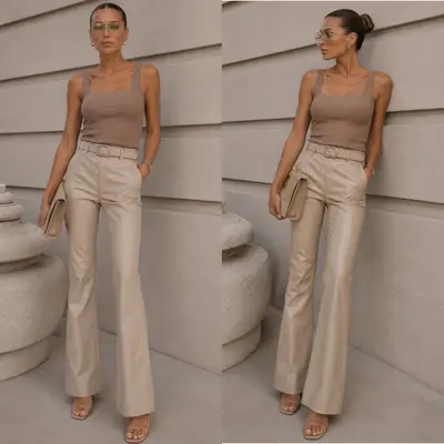 Damen High Waist Lederoptik Hose mit Gürtel und Flared Bein Beige L