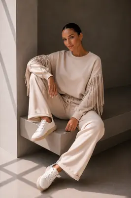 Damen-Freizeitanzug – Zweiteiliges Set mit Fransen Loungewear . Beige