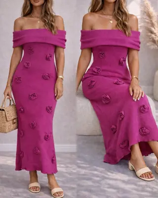 Strickkleid Maxikleid mit 3D Blumen Langes Strickkleid Fuchsie Carmen Ausschnitt