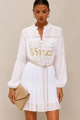 Gil Santucci Langarm Romantisches Kleid Boho Weiß