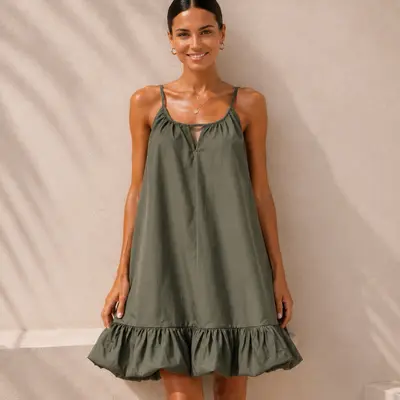 Damen Trägerkleid mit Falten Rusche Khaki Baumwolle Kleid