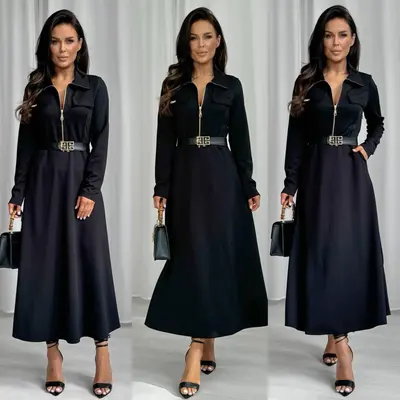 Damen Midikleid mit Reißverschluss am Ausschnitt und Gürtel 40