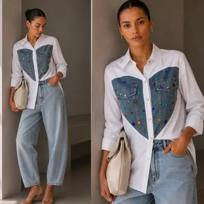 Weißes Hemdbluse Denim Einsätze Langarm Knopfleiste Schmucksteine Kragenhemd S