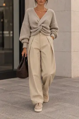 Faltenhose Damen Stoffhose Beige High Waist mit seitlichen Falten Elegant Modern