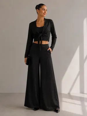 3 in 1 Hosen Glänzendes Schwarz Set Dreiteiler Hosenrock + Top + Jacke Outfit