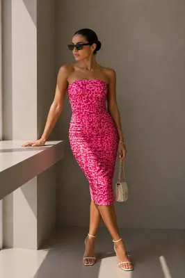 Damen Gerafftes Bandeaukleid Midikleid Mesh Leoprint Fuchsia Figurbetont Kleid L