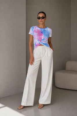 Damen gerippte Kurze T Shirt mit Knoten Detail Tie Dye Muster