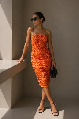 Damen Gerafftes Bandeaukleid Midikleid Mesh Leoprint Orange Figurbetont Kleid M
