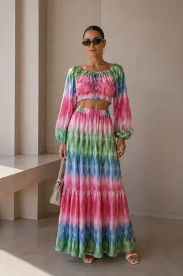 Strand Zweiteiler Röcke Set Outfit Sommerset Maxirock + Crop Top Farbverlauf